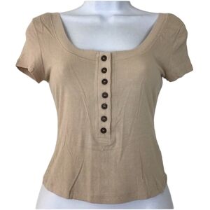 NWT Lulus Beige Henley Ribbed Knit Crop Top Button Front Size Small